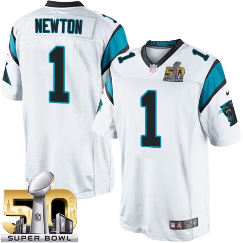 Men's Limited Cam Newton Super Bowl L Nike Jersey White Road - #1 NFL Carolina Panthers